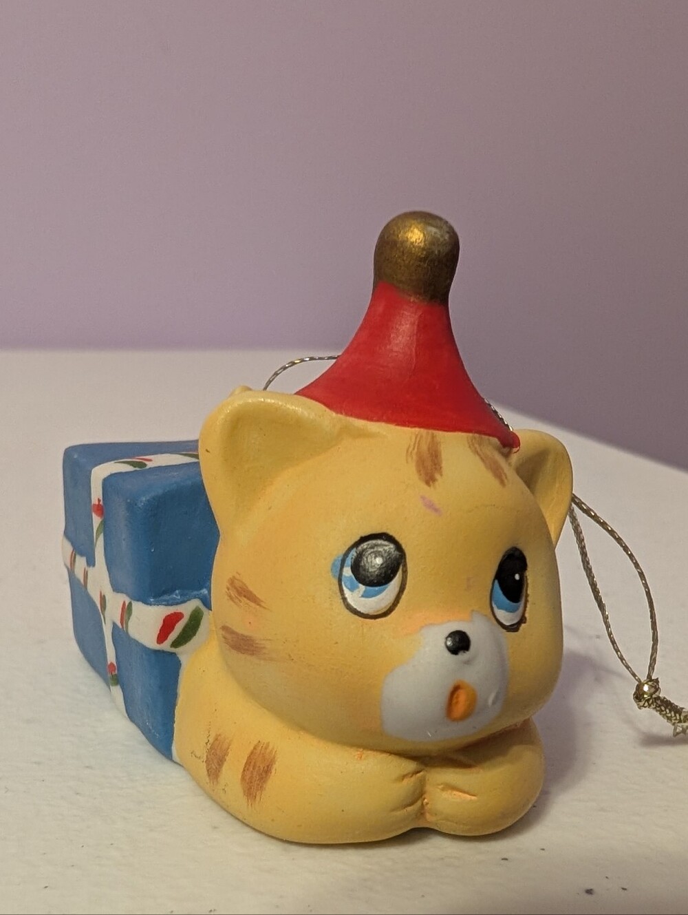 Vintage Ceramic Yellow Cat Kitten in Christmas Gift Box Present Hanging Ornament